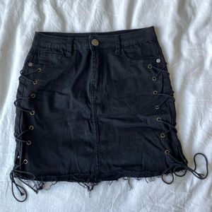Black Denim High Rise Lace Up Skirt